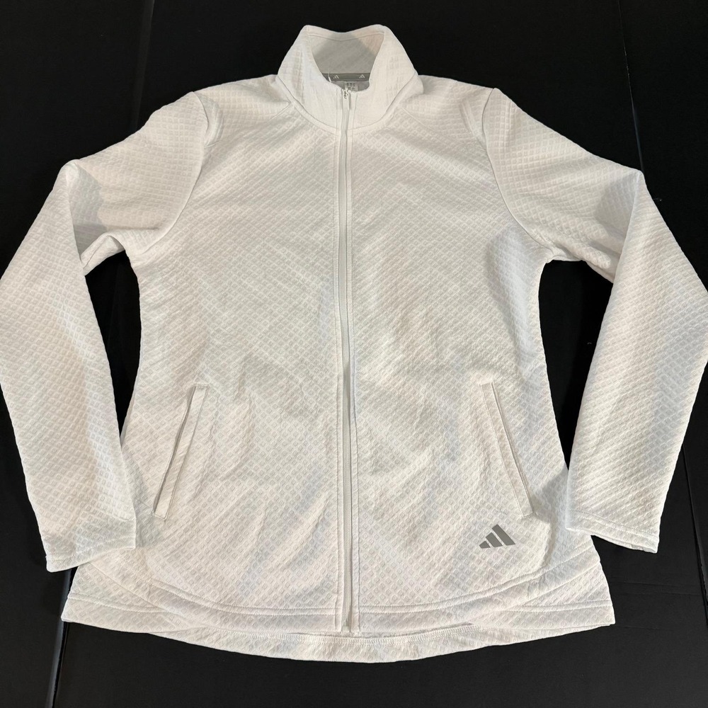 Adidas Womens White Diamond Textured Waffle Knit Full Zip Track Jacket Medium